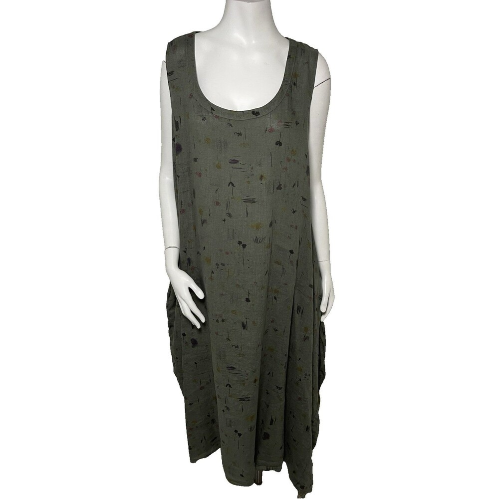 Cut Loose Sleeveless Linen Lantern Dress Graffiti Floral L Cottage Lagenlook